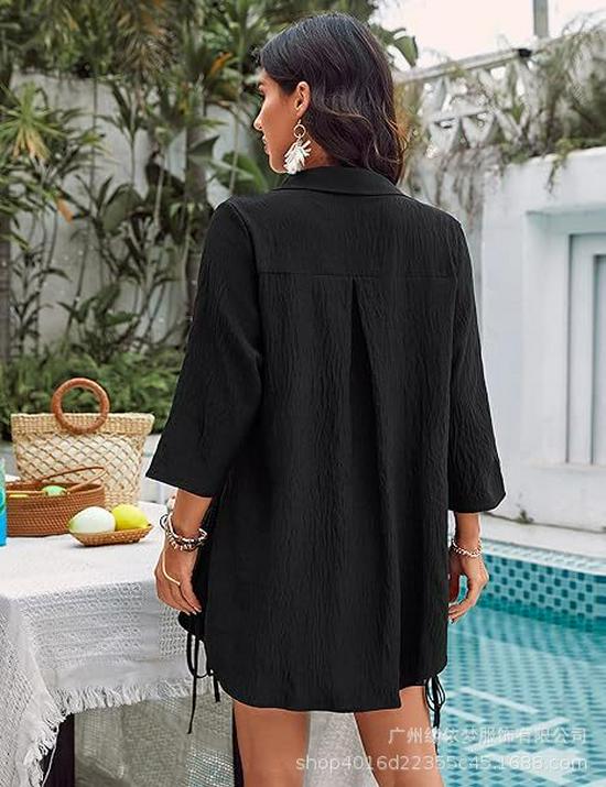 2025 New Style Women's Drawstring Bikini Cover-up Beach Dress Shirt