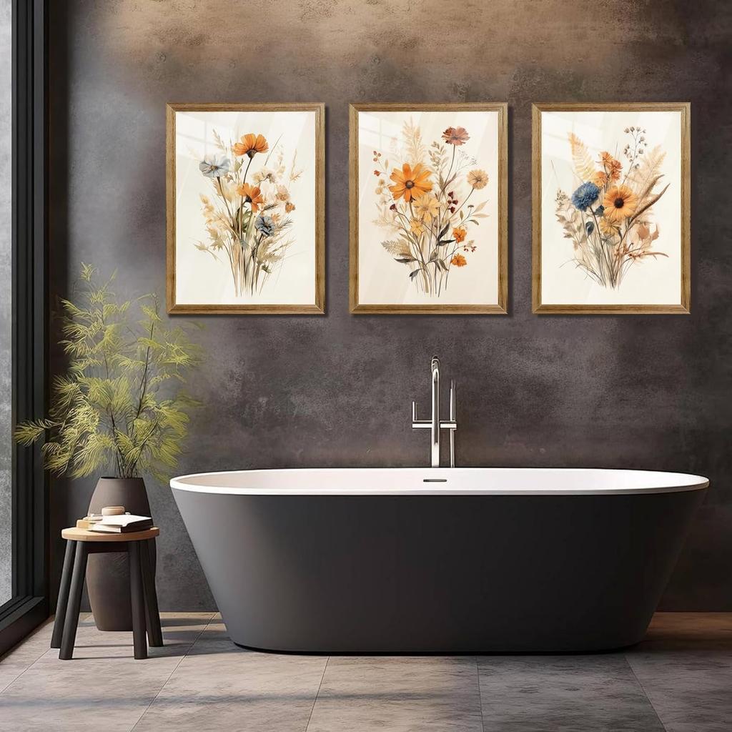 Framed Vintage Wildflower Canvas Wall Art Floral Set of 3 Country Farmhouse Watercolor Flowers Prints Rustic Wood Frame Botanical Artwork Poster for