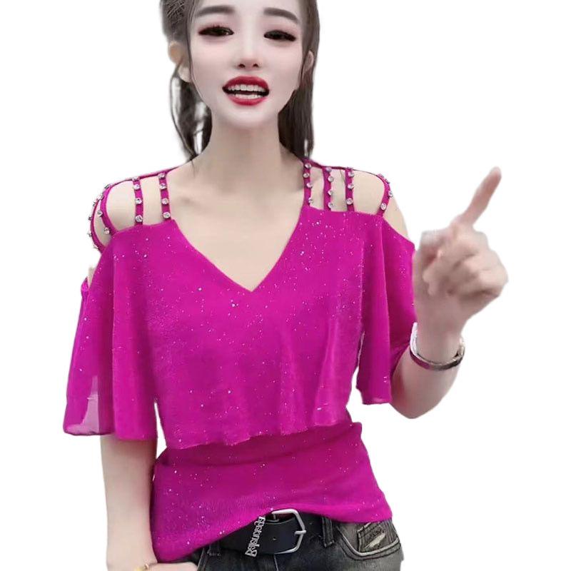 2025 Summer Slimming Stylish V-Neck Ruffle Off-the-Shoulder Beaded Mesh Short-Sleeve Women's Top