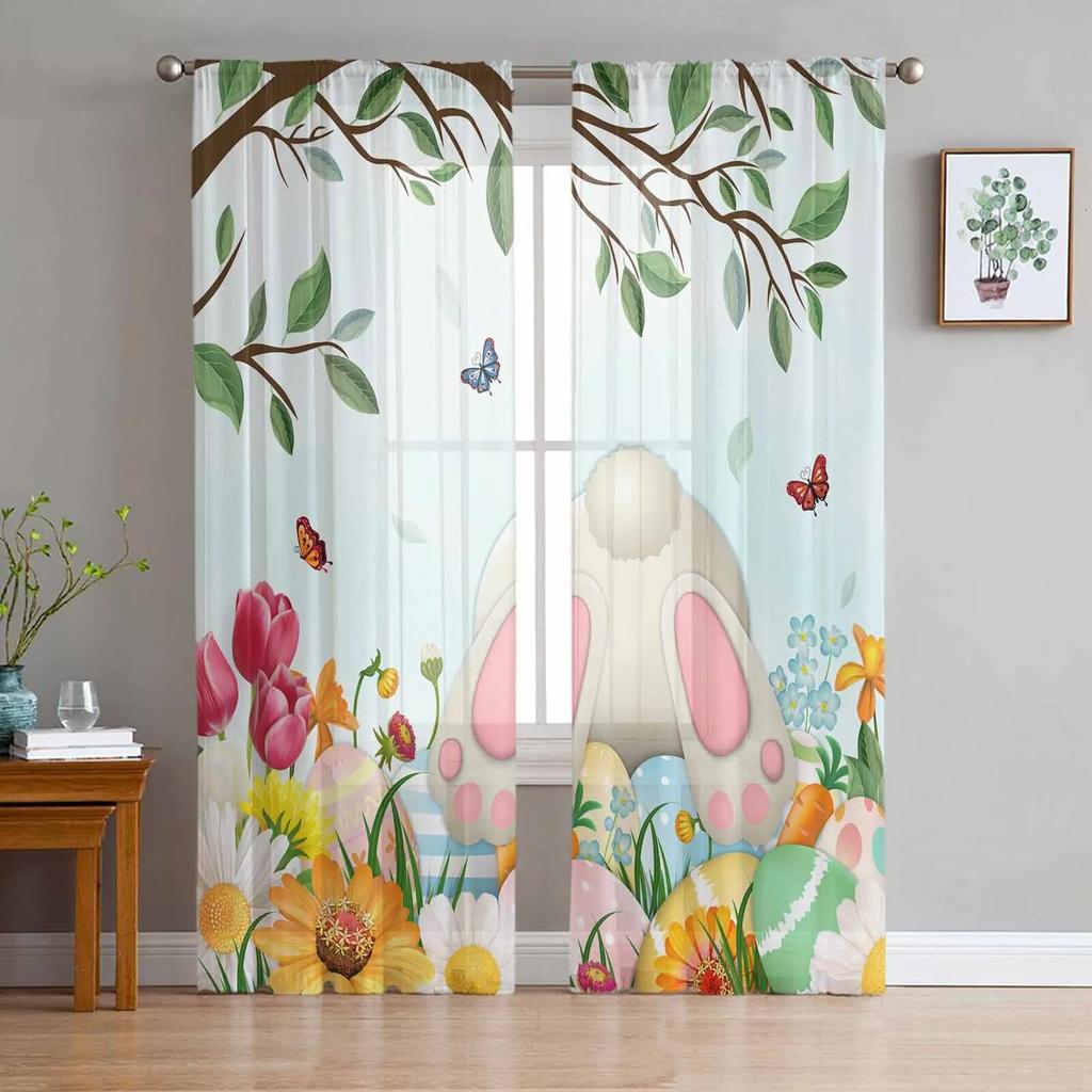 Easter Eggs Bunny Butt Flowers Leaves Sheer Curtains For Living Room Kitchen Window Curtains Bedroom Tulle Voile Curtains
