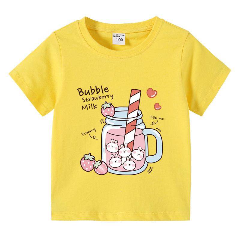 Girls TShirt Bubble Strawberry Milk Print Short Sleeve Tee Cute Cartoon Summer Casual Tops for Kids Children