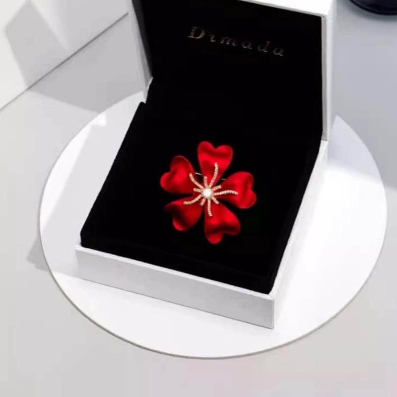 Red Heart Petal Flower Brooch Sparkling Rhinestone Center Gold Accents Perfect For Wedding Parties Office Wear
