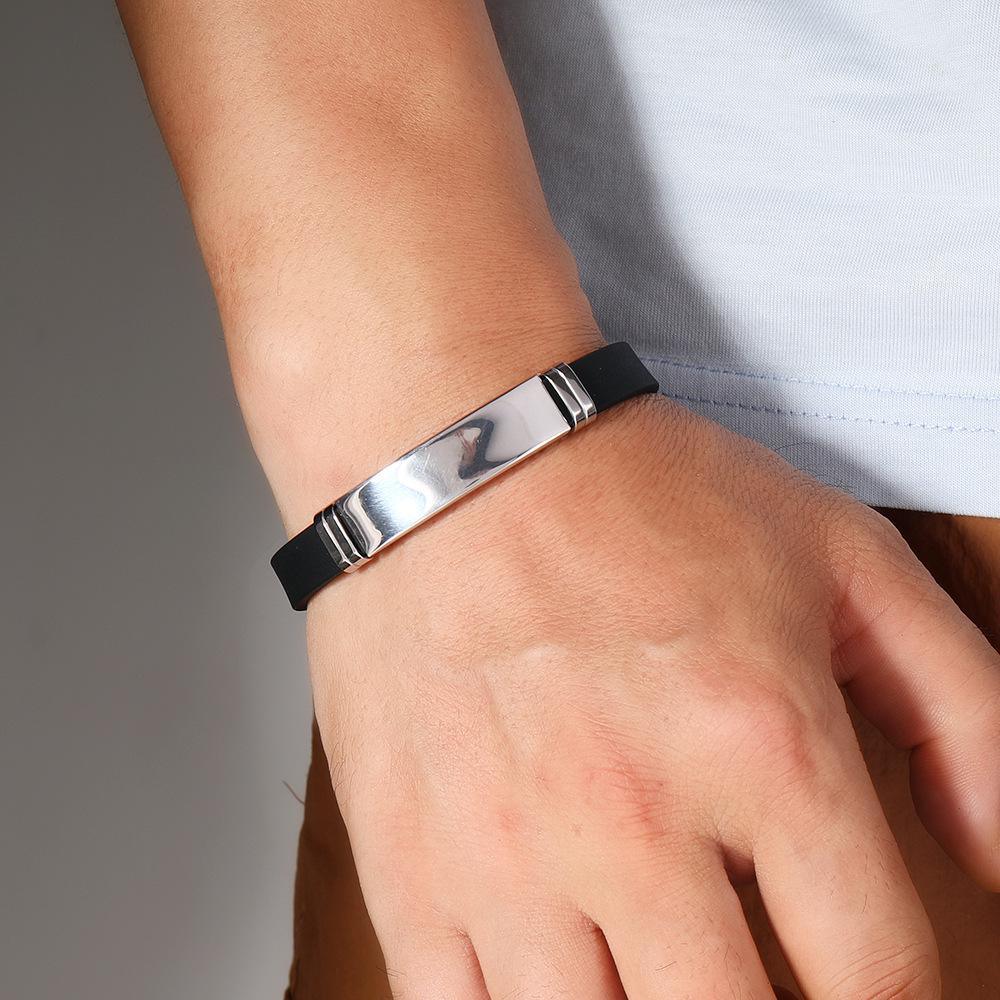 Men's Black Stainless Steel & Silicone Engraved Bracelet 
