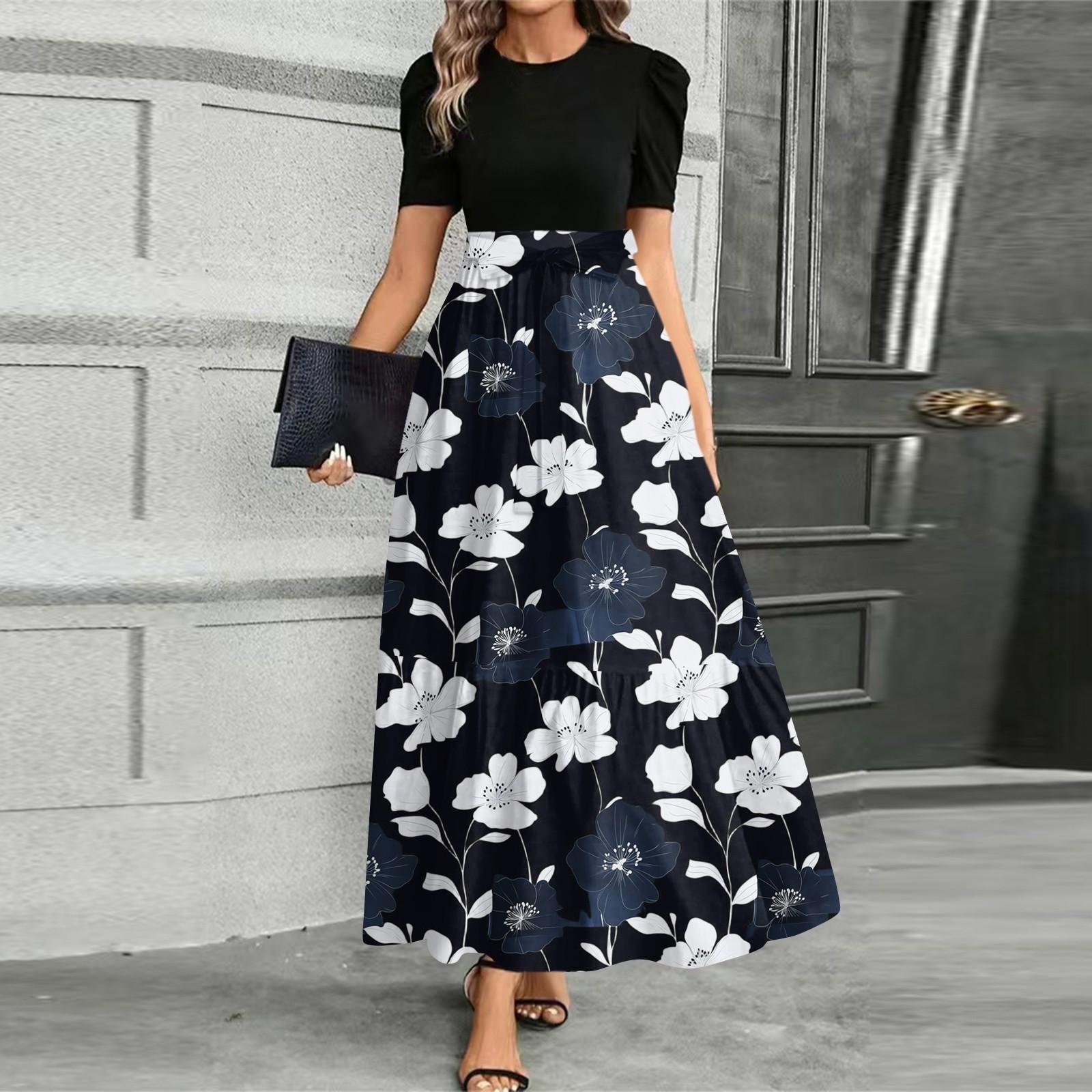 

Женское модное повседневное платье с поясом, коротким рукавом, круглым вырезом и принтом, элегантное и темпераментное XL тёмно-синий