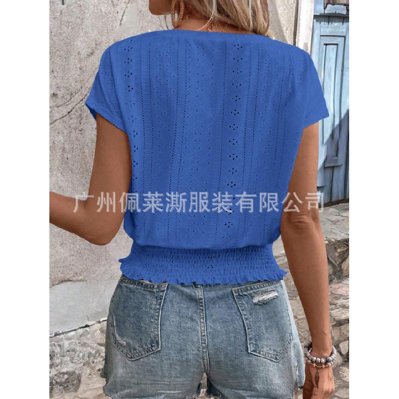 2026 Spring/Summer Jacquard Solid Color Round Neck Ruched Hollow Batwing Short Sleeve Women's T-Shirt for Commuting