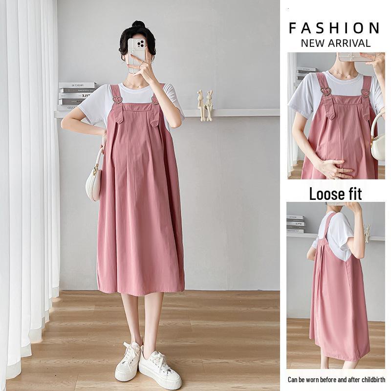 Korean Style Maternity Dress: 2026 Summer Patchwork Skirt, Faux Two-Piece Design