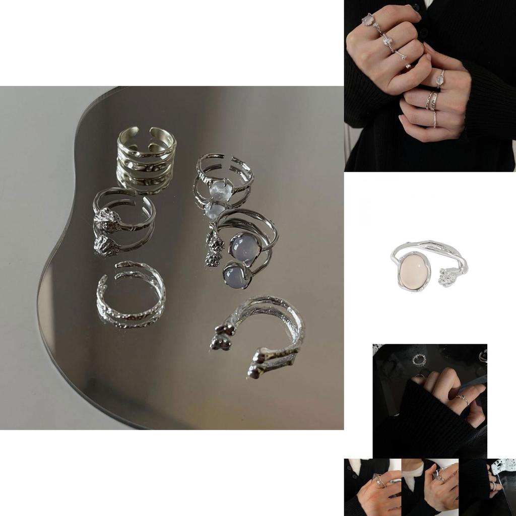 Stunning 925 Sterling Silver Korean Geometric Open Adjustable Ring With Unique Gemstone Crystals