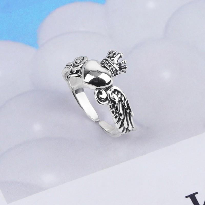 Adjustable Sterling Vintage Heart Wing Ring Men Women Minimalist Retro Boho Jewelry