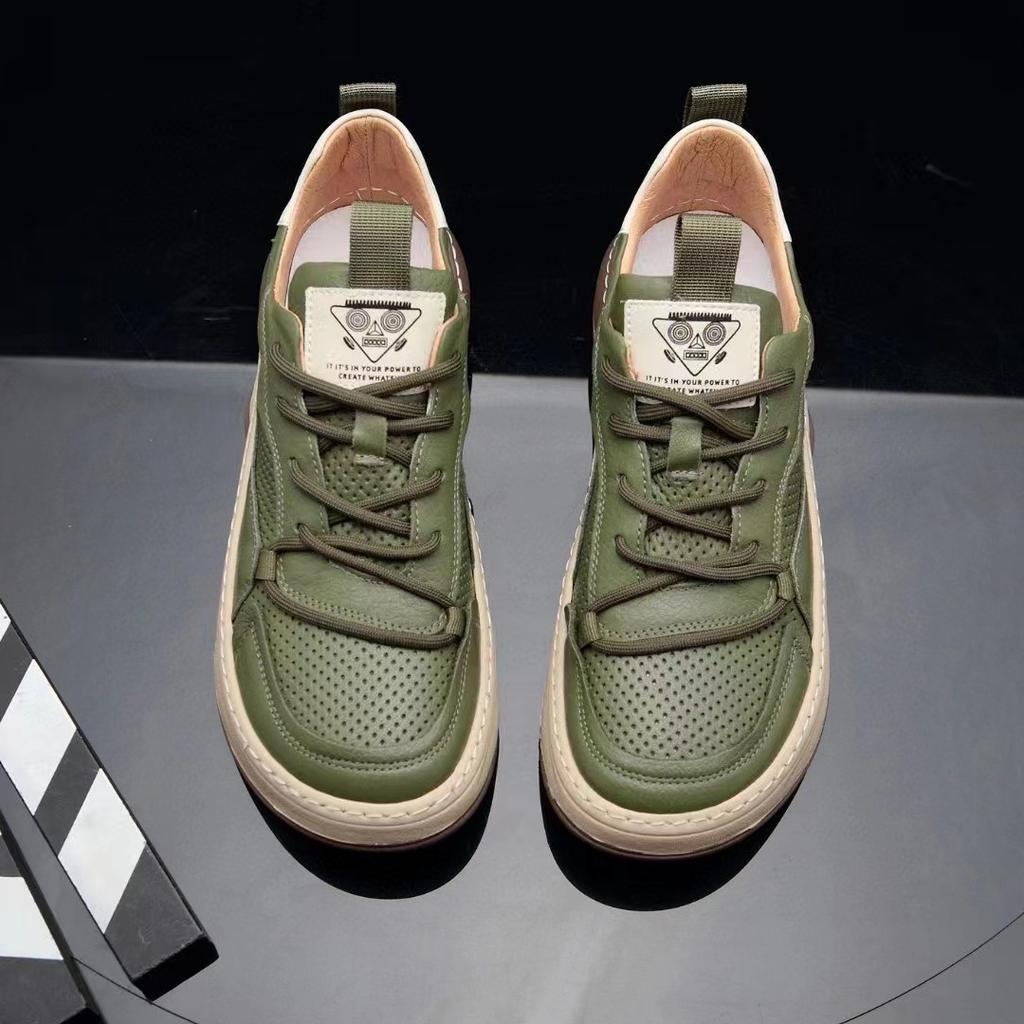 Herren Weiches Leder Weiße Schuhe Herren Dicksohlige Vielseitige Atmungsaktive Hohlsandalen Sneakers