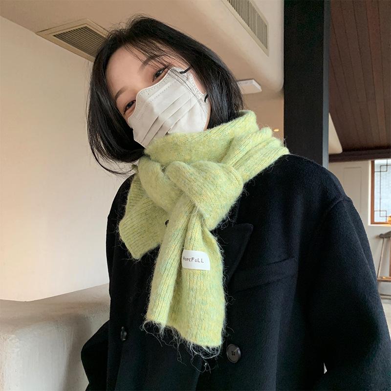 Green Knitted Scarf Women's Autumn and Winter White Korean Version Ins Solid Color New Student Warm Wool Scarf