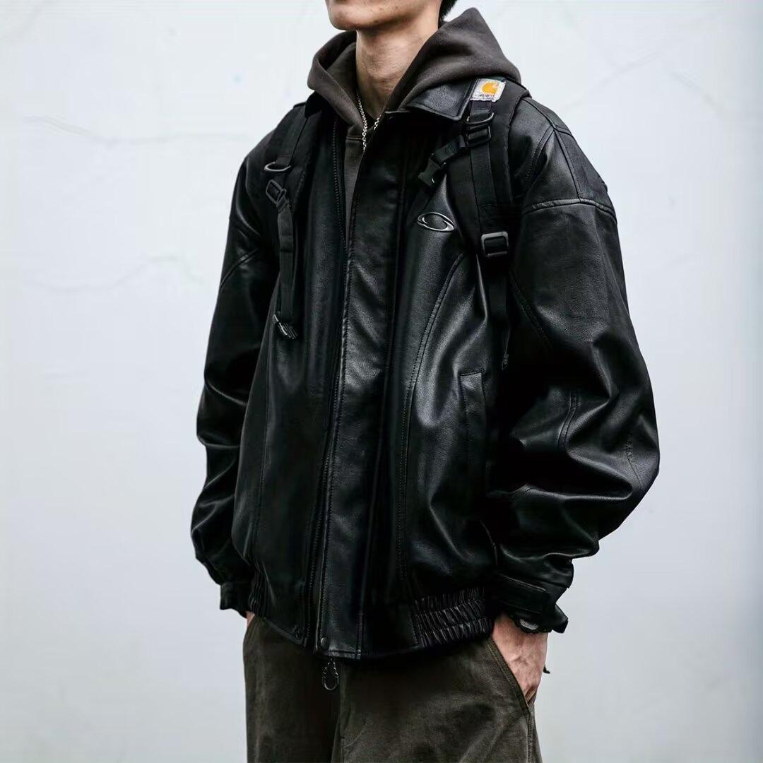 

Мужская и унисекс мотоциклетная куртка из ПУ кожи - Весенне-осенний тренд с лацканами. M чёрный