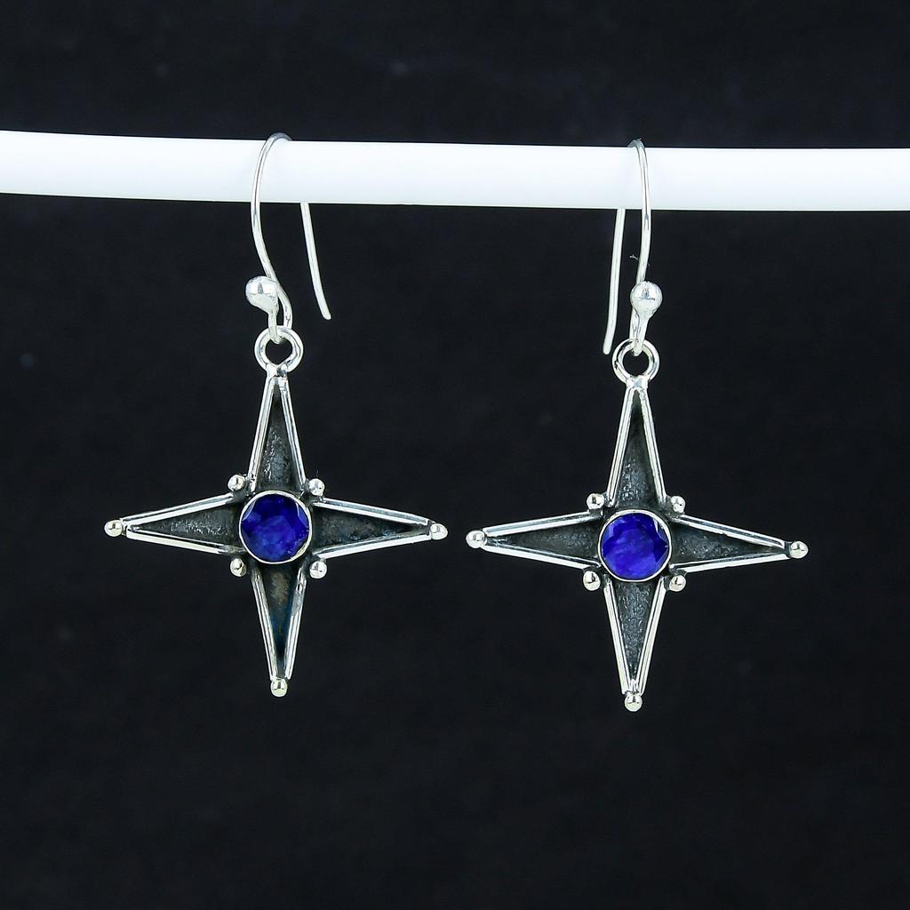 Erstaunliche Ohrringe mit blauem Saphir-Edelstein in Sternform, 925er Sterlingsilber-Ohrring, handgefertigter Boho-Silberschmuck, Hängeohrringe, Geburtstagsgeschenk