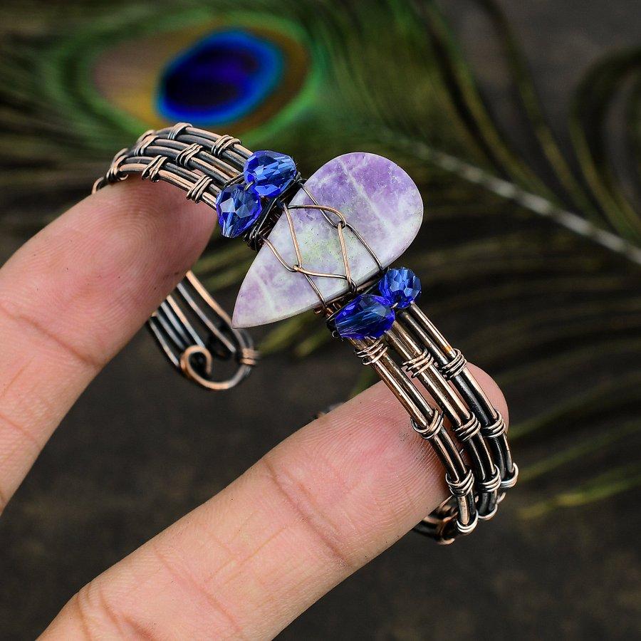 Natural Russian Charoite Gemstone Copper Wire Wrap Cuff Bangle Adjustable p9n68