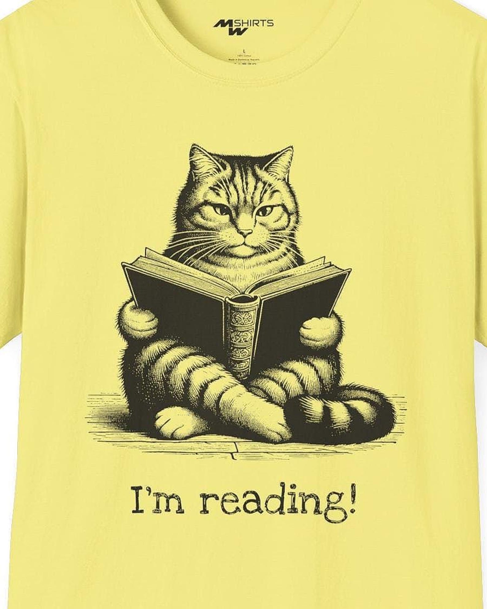 Cat Reading Book T-Shirt: Copper Engraving Art Print XL