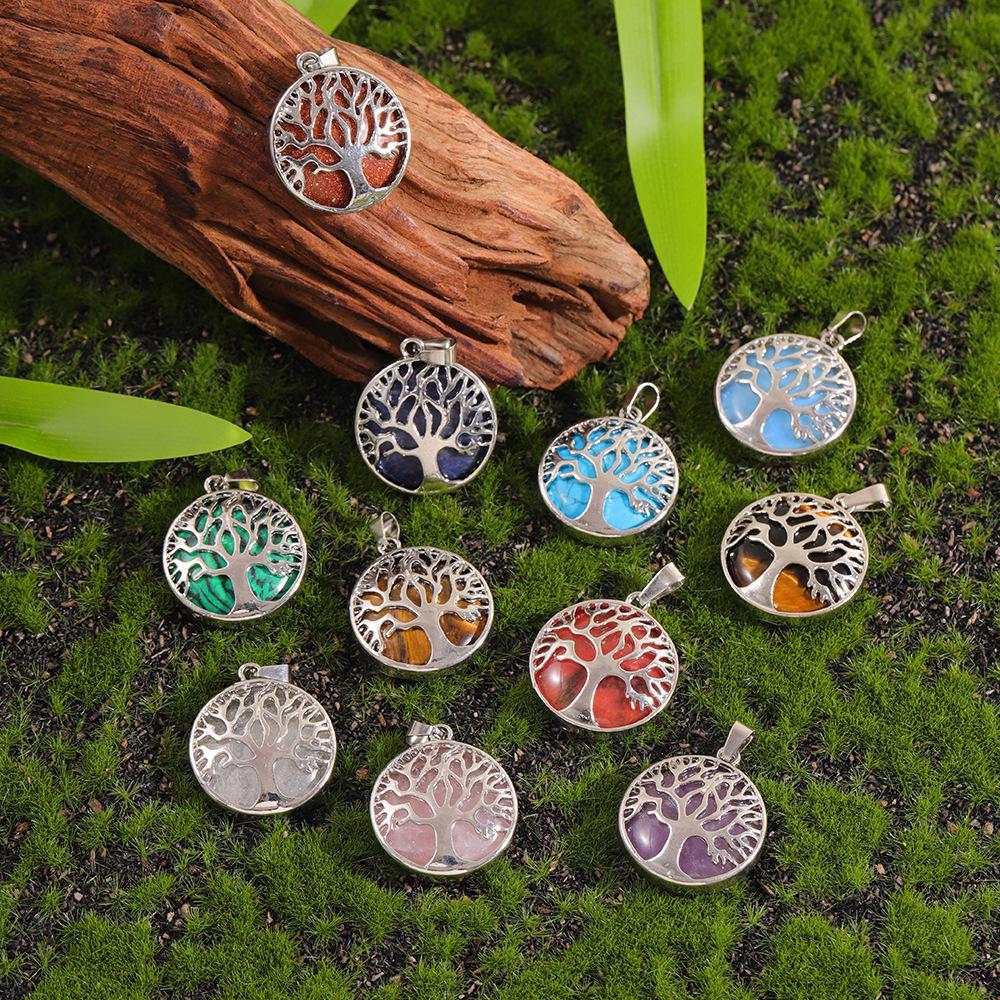 Cross Hollow Life Tree Pendant: Natural Crystal Agate Money Tree Necklace, Natural Stone Round Wishing Tree Pendant.