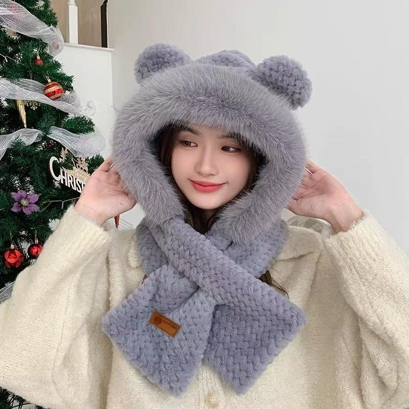Warm versatile bear ears hat scarf integrated women's winter windproof plush thickened plush scarf