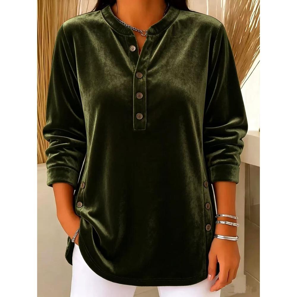 Autumn Winter New Women's Gold Velvet Top Casual Loose V-Neck Button Long Sleeve T-Shirt Velour Tee