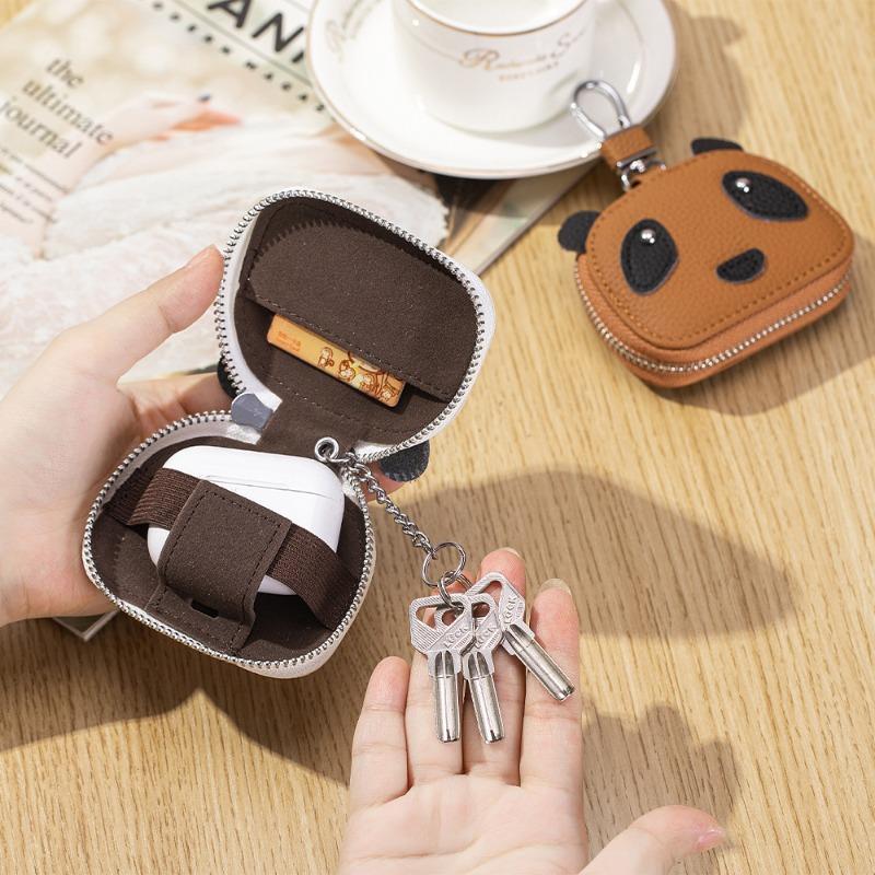 Leather compact key bag New panda bluetooth headset protective case First layer cowhide waist hanging universal key bag