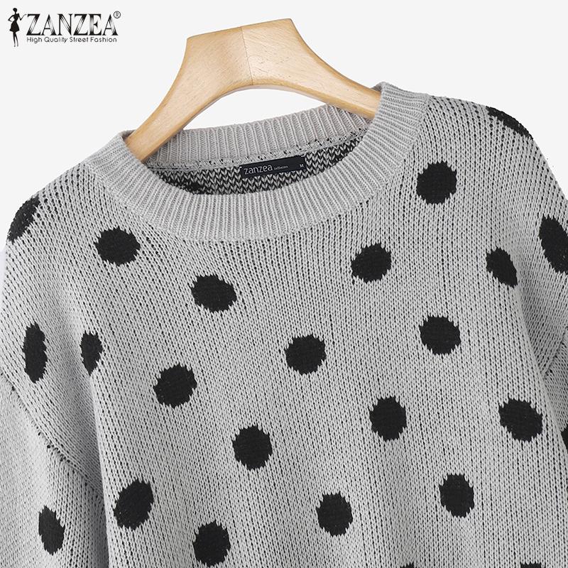 ZANZEA Womens Casual Crew Neck Polka Dots Knitted Pullovers Sweaters Jumpers