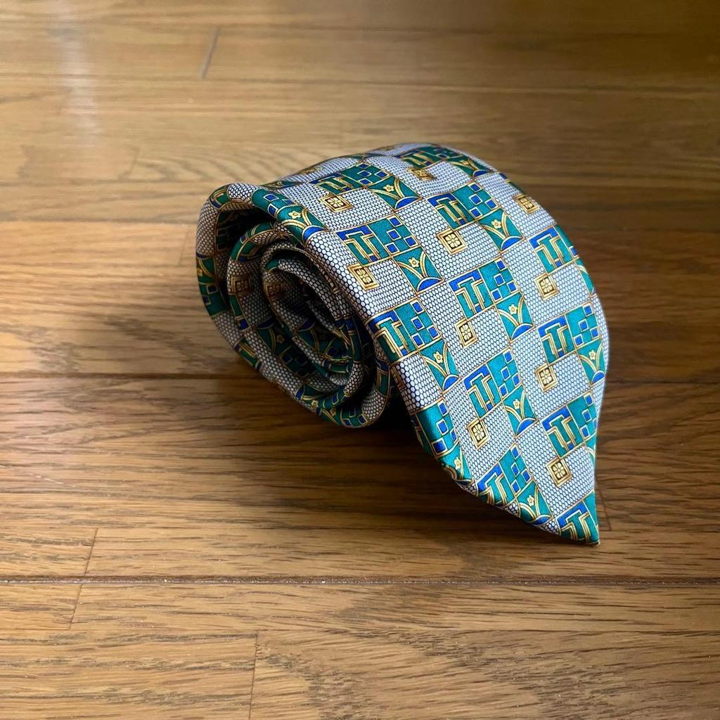 Used Authentic Made in France | Lanvin Paris Luxury Silk Tie Geometric Fine Pattern Green