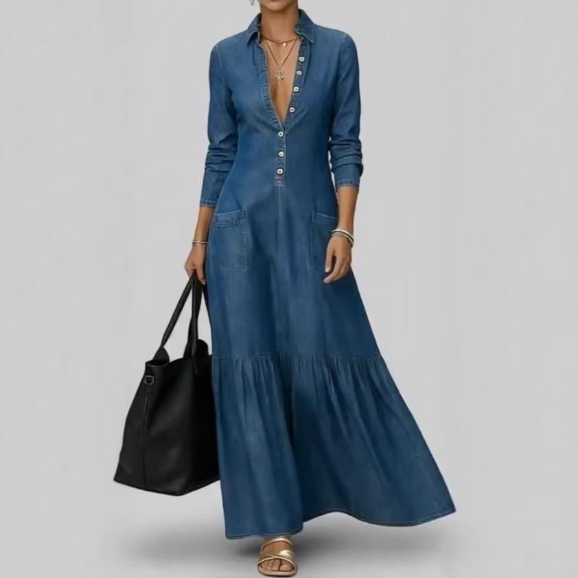 European and American cross-border street retro collar temperament denim dress women's summer new high-end foreign-style waist dress