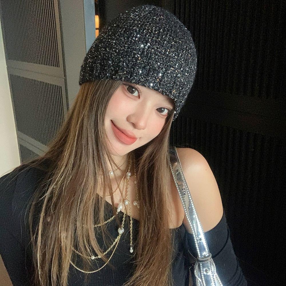 Black Sequin Knitted Hat Warm Cap Knit Cap Cute Bowknot Beanies Hat Winter