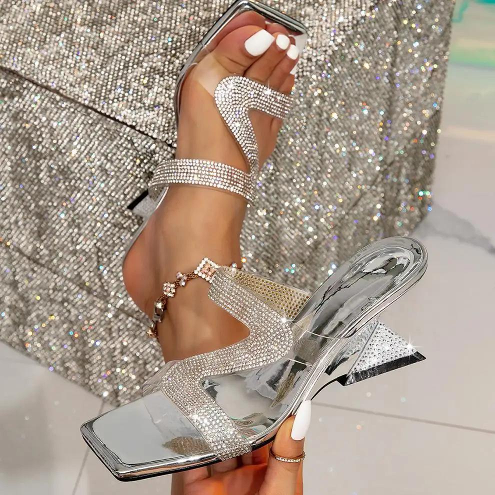 

PVC Transparent Strap Slippers Women Square Open-Toe Sandały Strange Style High Heels Summer Outwear Casual 42