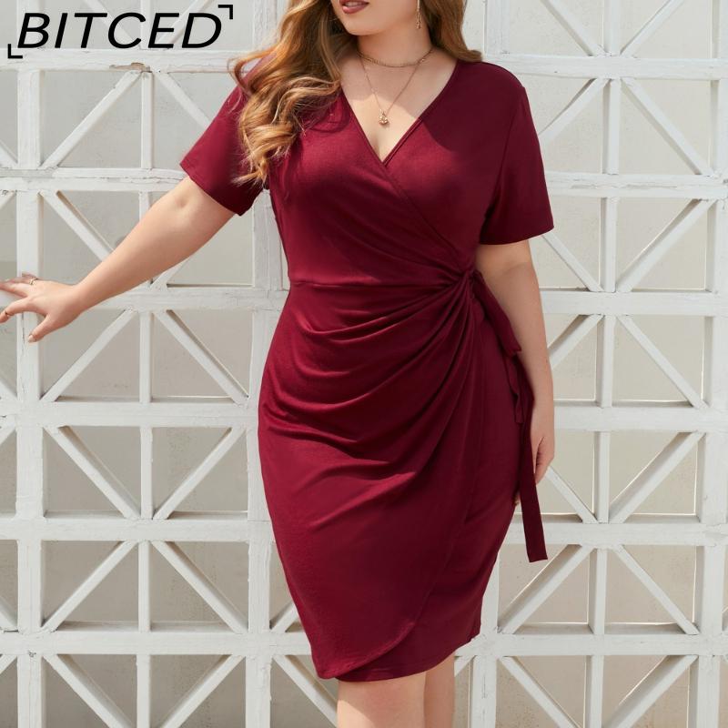 BITCED Plus Size Solid Color Casual Resort Dress Tie-Detail Resort V-Neck Midi Dress