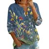 Women Vintage Floral Print Henley Button Neck Three Quarter Sleeve Linen Cotton Blouse Casual Loose Fit Shirt