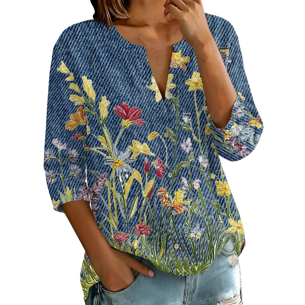 Women Vintage Floral Print Henley Button Neck Three Quarter Sleeve Linen Cotton Blouse Casual Loose Fit Shirt