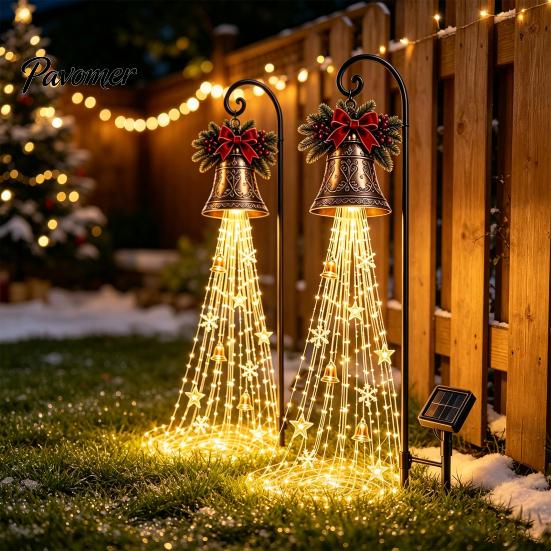 Solar Powered Garden Lights Christmas Light, Outdoor Metal Stake Automatic Charging Patio Star Snowflake Waterfall String Lamp, Holiday Yard