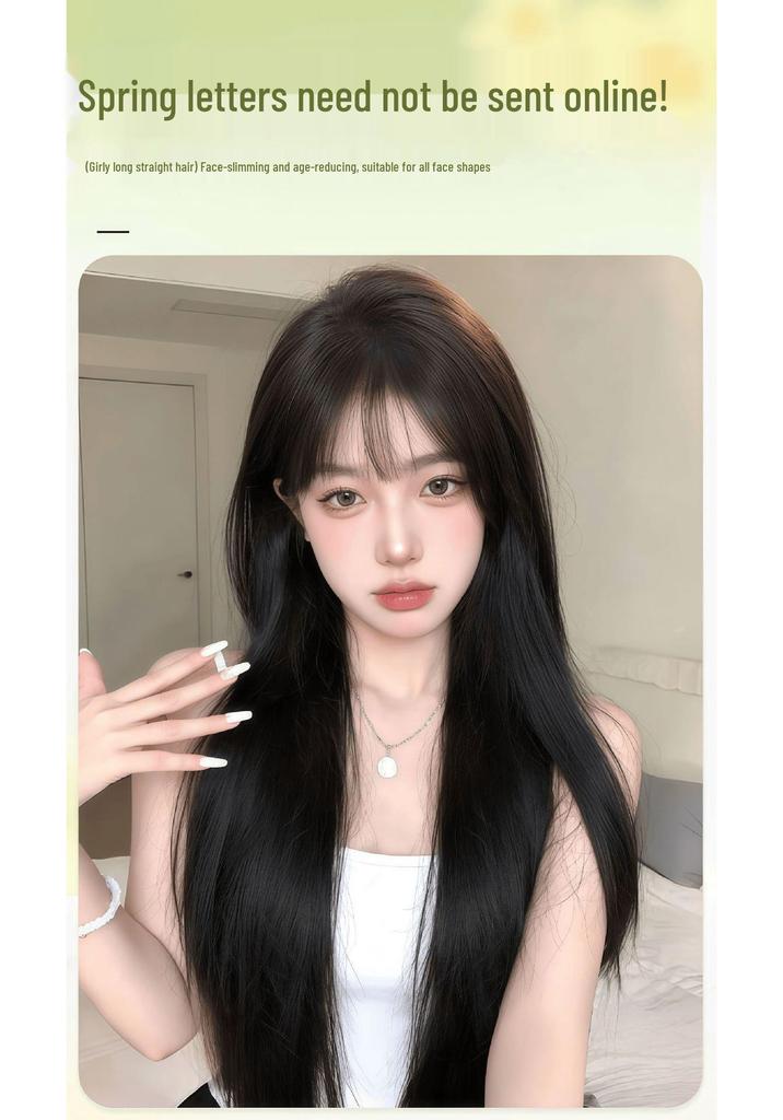 Natural Black Long Straight Wig with Bangs - Invisible Seamless Fit, Free Shipping