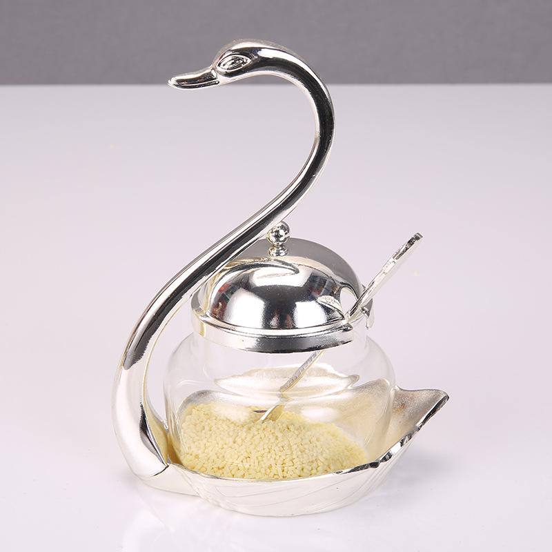 Home daily fashion creative cute Korean swan sugar cup swan seasoning can box metal creative swan with spoon