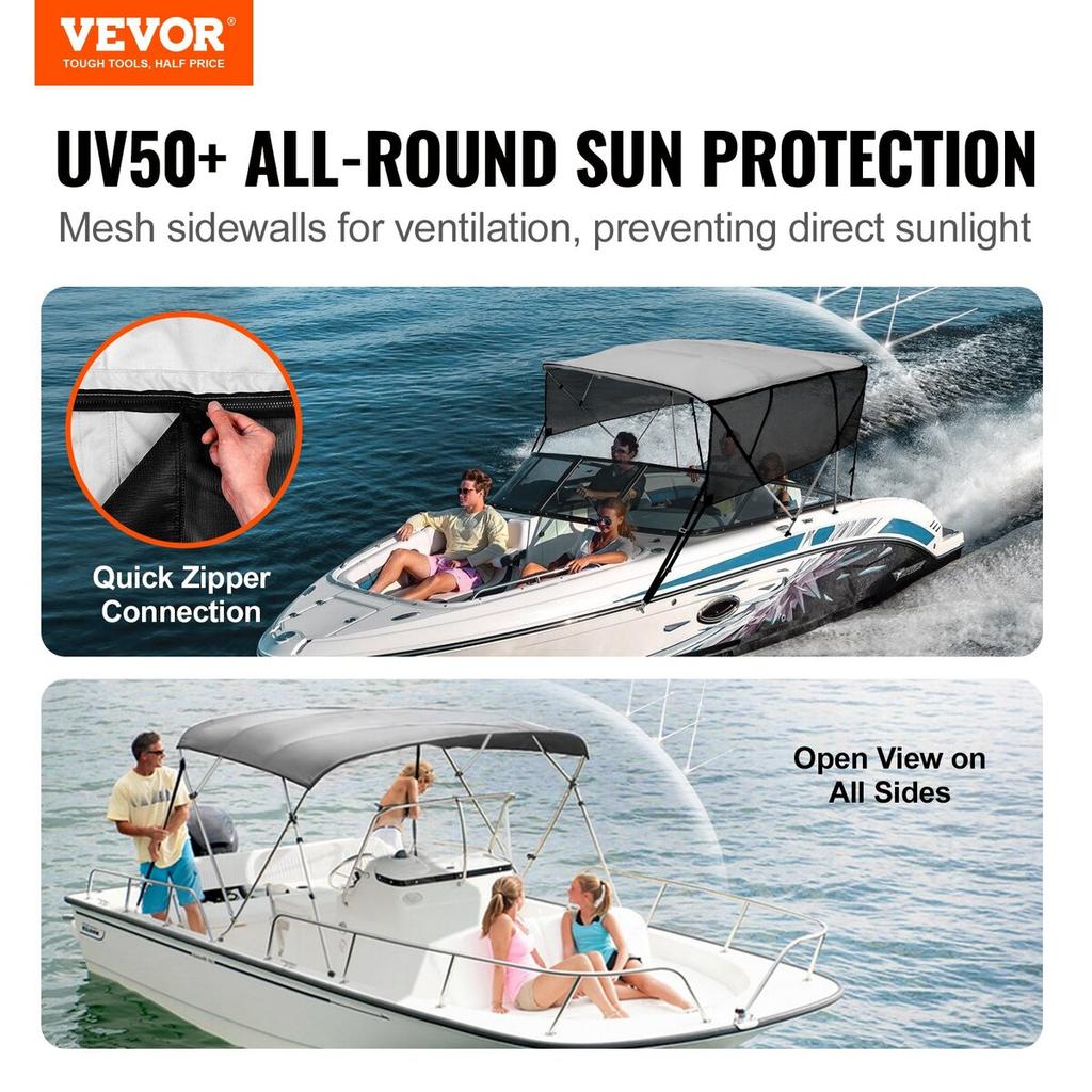 4 Bow Bimini Top Boat Cover, Detachable Mesh Sidewalls, 600D Polyester Canopy with 1" Aluminum Alloy Frame, Includes Storage Boot, 2 Support Poles, 2