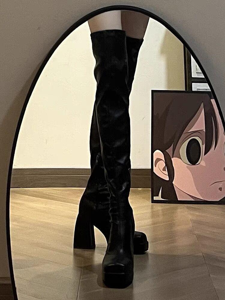 

Эластичные сапоги Ботфорты Женские водонепроницаемые Узкие сапоги на толстой подошве Сапоги из кожи на высоком каблуке Высокие рыцарские сапоги для женщин 35