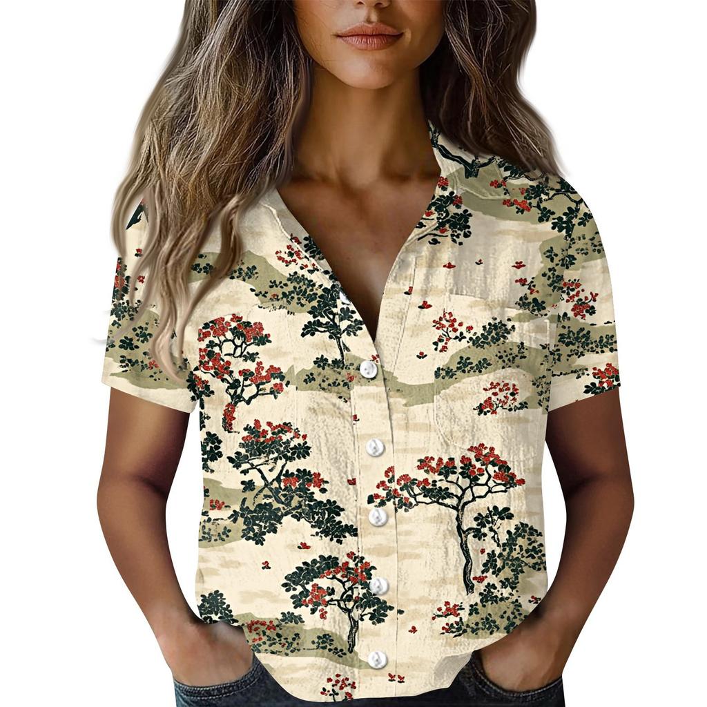 Damen Blusen & Hemden, Baumwolle, Leinen, kurzärmelig, lockere Boho-T-Shirts, Vintage-Blusen