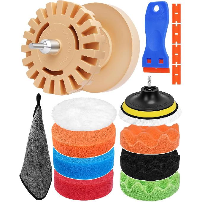 Eraser Wheel for Drill, Sticker Remover Tool for Automotive Car Sticker, Vinyl, Rv, with Plastic Scraper, Scraper Tool, Serrated&Solid Eraser Wheel -