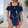 Plus Size Women Cold Shoulder Flutter Sleeve T Shirt Abstract Geometric Graffiti Print Short Sleeve Top