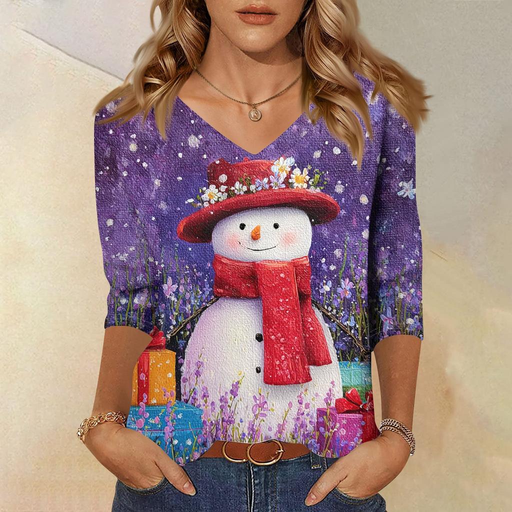 3/4 Sleeve Shirts For Women Print Christmas Tees Blouses Casual Plus Size Basic Tops Pullover