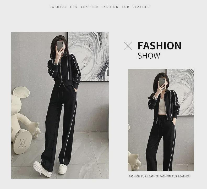 Americký styl Trendy Dámská Slim Fit Bunda na zip a Kalhoty se širokými nohavicemi Dvoudílný oblek na podzim a zimu