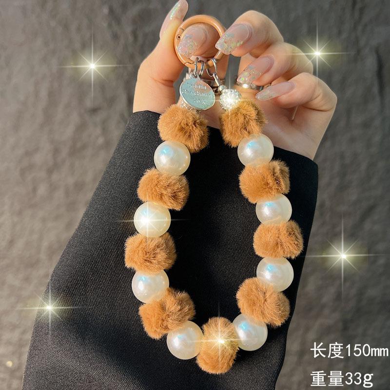 Autunno Inverno Peluche Cordoncino per Telefono Moda Perla Pompon Perline Catena Pendente per Telefono Corto da Polso Catena Portatile
