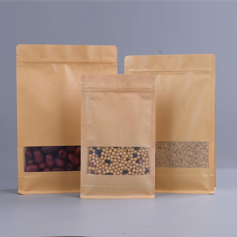 50/100pcs kraft paper zipper lock window bag brown re-sealable stand-up pouch coffee bean wedding festival food packaging