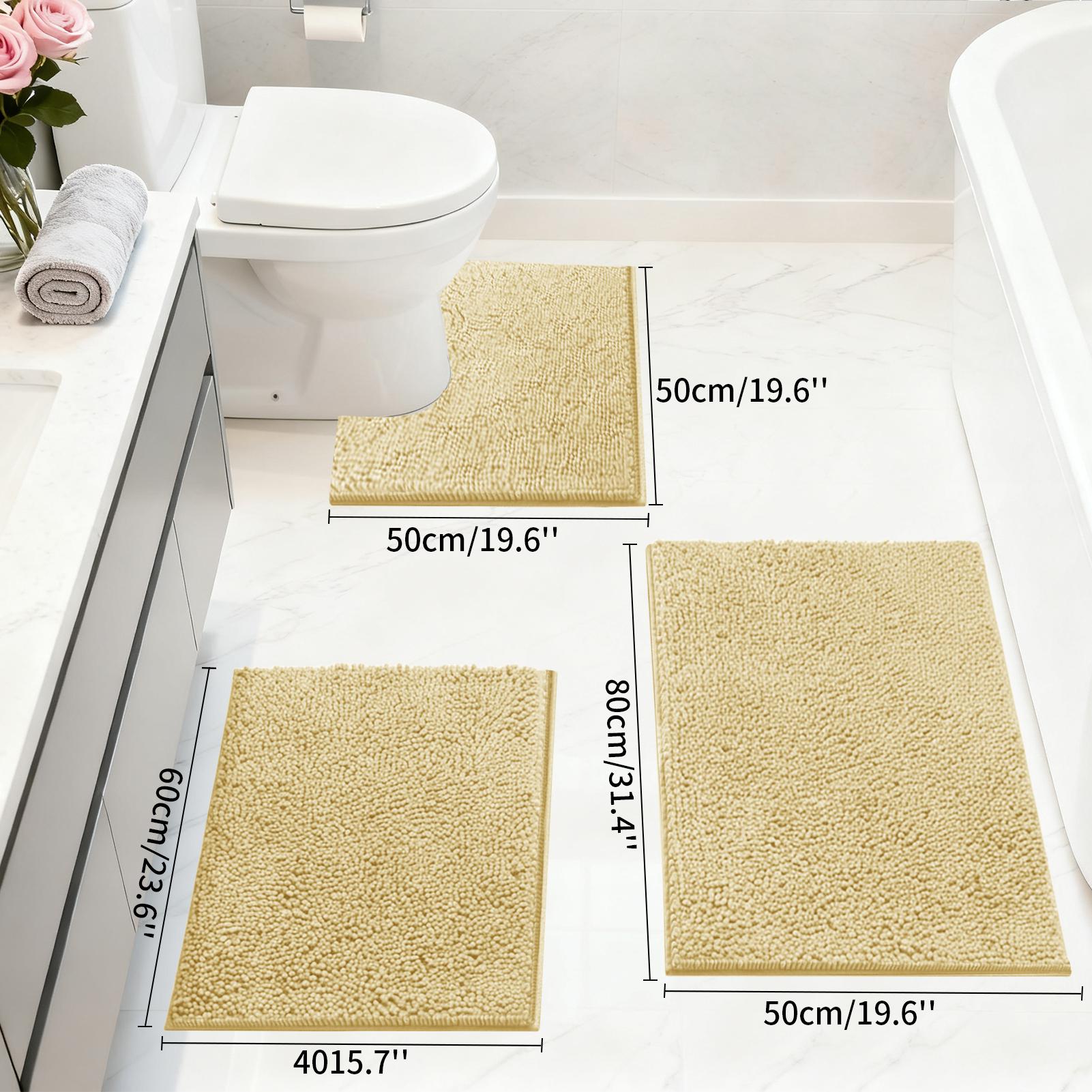 

Set of 3 Bathroom Rugs 1.5/3CM Thick Chenille Bath Mat Striped Pattern Shaggy Bath Rugs for Bath Room Non Skid Floor Mats 3cm thickness верблюд