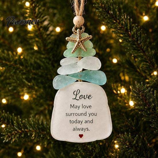 Handmade Christmas Ornament Sea Glass Tree Ornament, Seaglass Art Hanging Decor with Starfish Charm, Festive Window Door Peace Love Joy Faith
