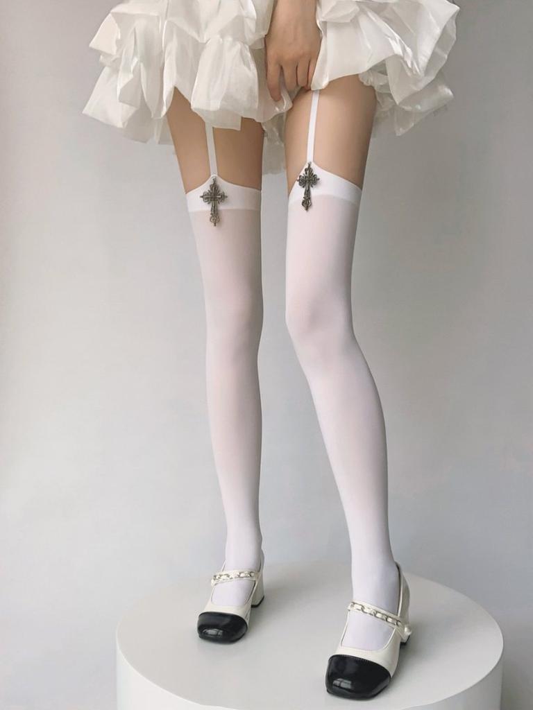 Lolita Gothic Cross Garter Stockings Velvet One-Piece Thigh High Socks Straps Elegant Black White Solid Color Over Knee Socks