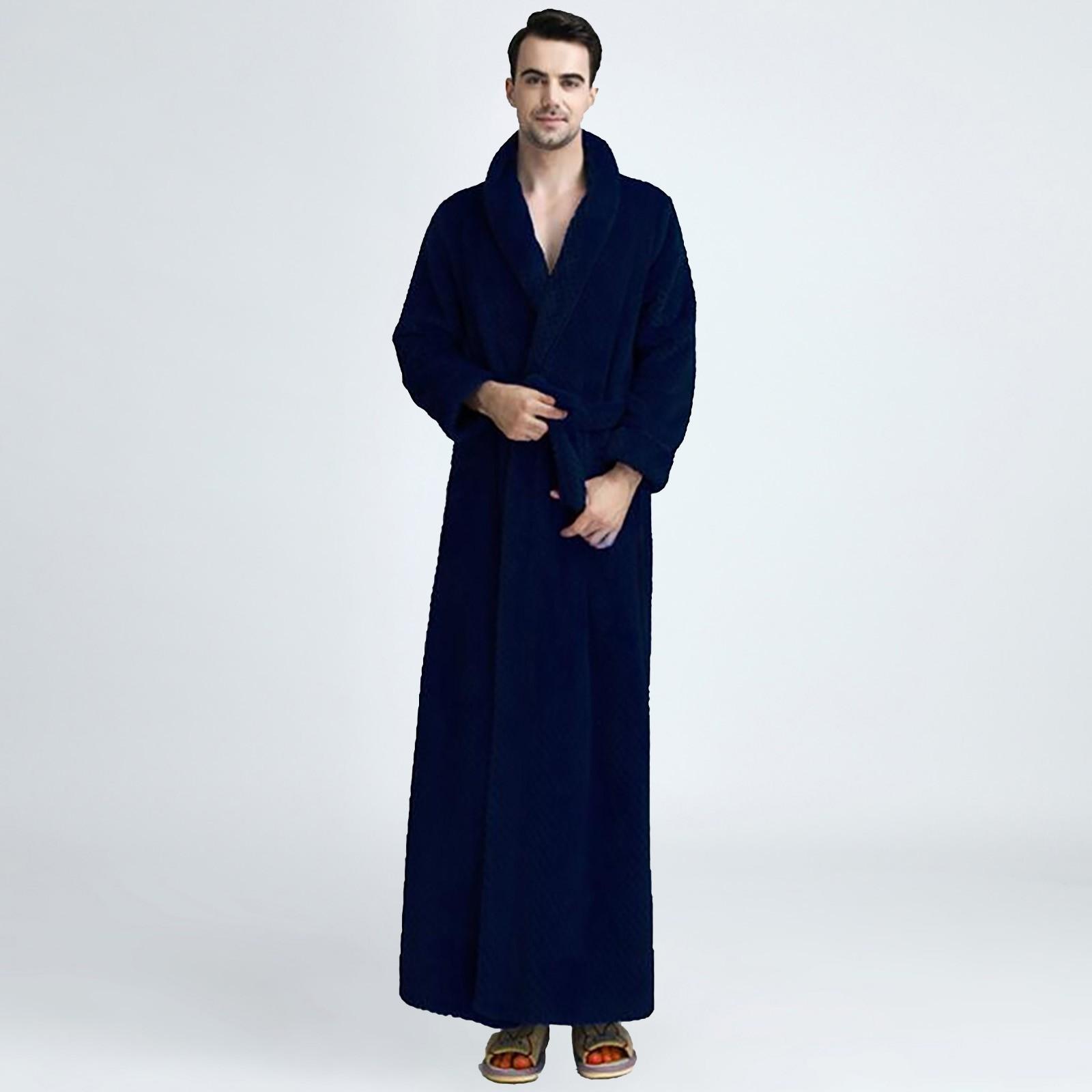 

Couple Solid Thickened Fala Fleece Bathrobe Robe Pajamas Waistband Pocket Suit M темно-синий