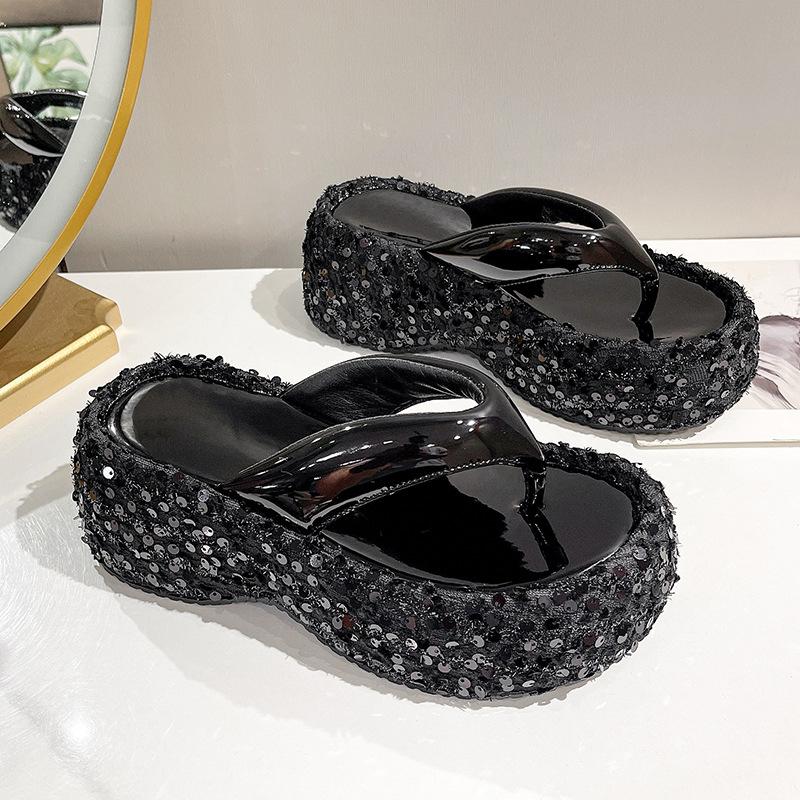Muffin Slippers Wedge Heel Thick-soled Cool Slippers Small Height-increasing Shoes Thick Heel Hate Sky High Sequined Women's Summer Cool Slippers