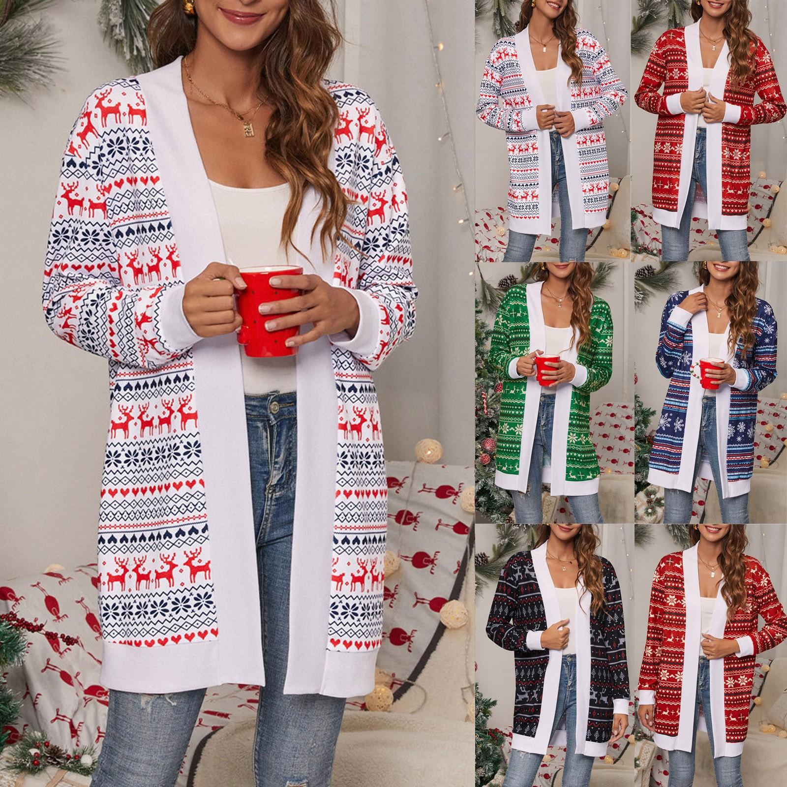 

Женский кардиган с длинным рукавом, повседневная рождественская длинная свободная верхняя одежда с принтом лося, пальто