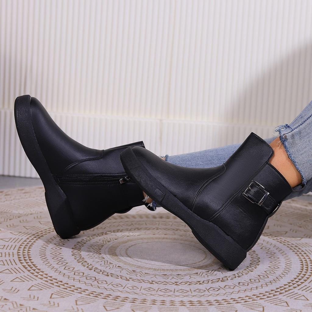 Large size women's autumn and winter new solid color side zipper low boots round head thick sole versatile Martin boots