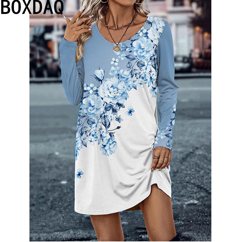 Women Autumn Long Sleeve O-Neck Casual Dress 3D Vintage Floral Printed Elegant A-line Dress For Female Dress